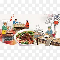 手绘中国风古风美食面条海报背景素材
