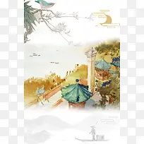 中国风彩绘名胜古迹颐和园海报背景