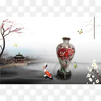 中国风亭子水塘瓷器水墨背景素材