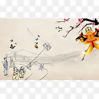 中式水墨古画风筝节海报背景素材