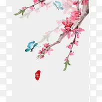 中式水墨插画温馨桃花节背景素材