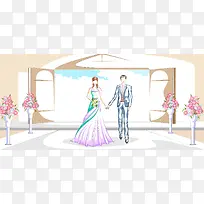 西式婚礼手绘景色彩色banner背景