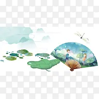 夏季清新手绘池塘叶子海报背景