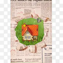 绿色环保报纸卡通小房子印刷背景