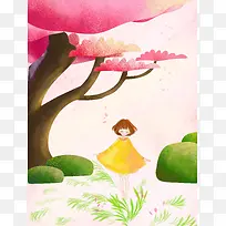 桃花春天粉色清新人物磨砂原创手绘海报