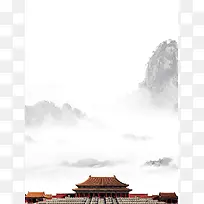 中国风水墨画古建筑宣传海报背景模板