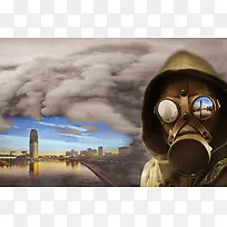 防毒面罩城市建筑雾霾背景雾霾海报背景素材