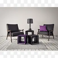 黑色沙发与台灯摆设图片素材