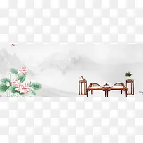 中国风文艺家装荷花山河古典banner