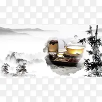 中国风山水茶壶竹子广告背景图
