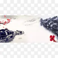 水墨中国风古建筑梅花背景素材