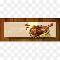 美式复古西餐手绘线稿咖啡豆麻袋海报背景
