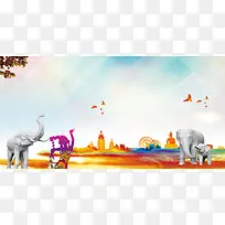 大象彩色剪影西双版纳旅游海报背景素材