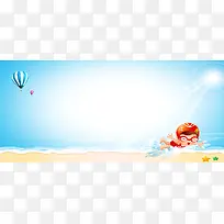 海边游泳热气球卡通童趣蓝色背景