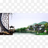 江南高端亭台楼阁木质地产banner