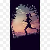 手绘女子跑步运动背景素材