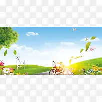 绿色阳光共享单车户外绿色骑行背景
