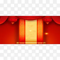 春节新年红色卷轴灯笼banner展板