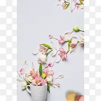 花瓣杯子马卡龙灰色背景小清新鲜花海报