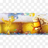 举杯啤酒节满杯黄色气泡背景