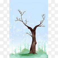 蓝色手绘简约冬季树木效果背景浪漫海报设计