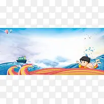 海洋卡通游泳热气球童趣渐变蓝色背景