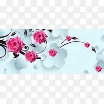 3D白色简约玫瑰花电视墙背景banner