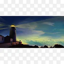 唯美夜色海边灯塔风景胜地背景素材