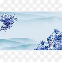 中国风青花瓷冰蓝花瓶山背景