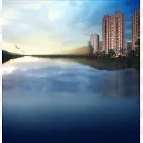 湖光远山建筑背景海报