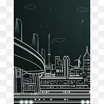 线描建筑城市手绘旅游海报背景