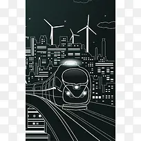 线描建筑火车电风车线条手绘海报背景