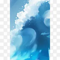 蓝色云层海浪背景素材
