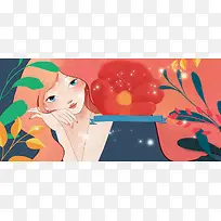 37女生节手绘梦文艺幻蓝色banner