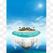 蓝天白云创意广告海面岛屿瀑布背景素材
