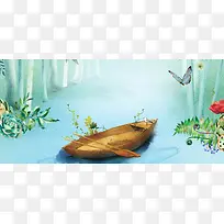 夏季划船出游绿色手绘背景