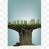 创意城市建筑大树背景素材