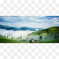 大气蓝天白云绿山背景