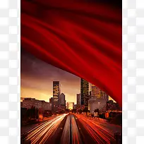 红色帷幕红绸风景商务建筑城市路面背景素材