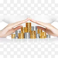 手势和一堆金币金融背景