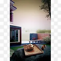 别墅庭院茶壶茶盘房地产海报背景