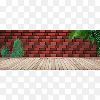 红砖墙壁绿叶木地板背景