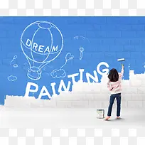 小女孩油漆墙面作画海报素材