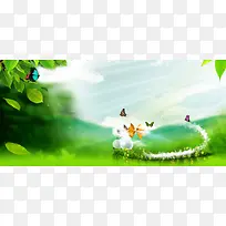 春护肤化妆品清新绿色电商海报背景