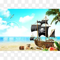 海盗船沙滩时钟鹦鹉背景素材