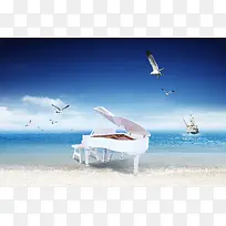 沙滩海鸥钢琴帆船印刷背景