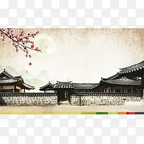 韩国围墙别院桃花印刷背景