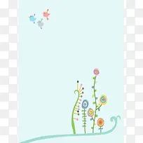 卡通清新手绘花草小鸟背景