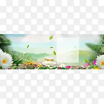 春茶节春季上新鸟语花香绿色banner