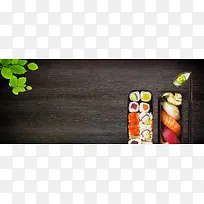 日本寿司绿叶黑板黑色背景